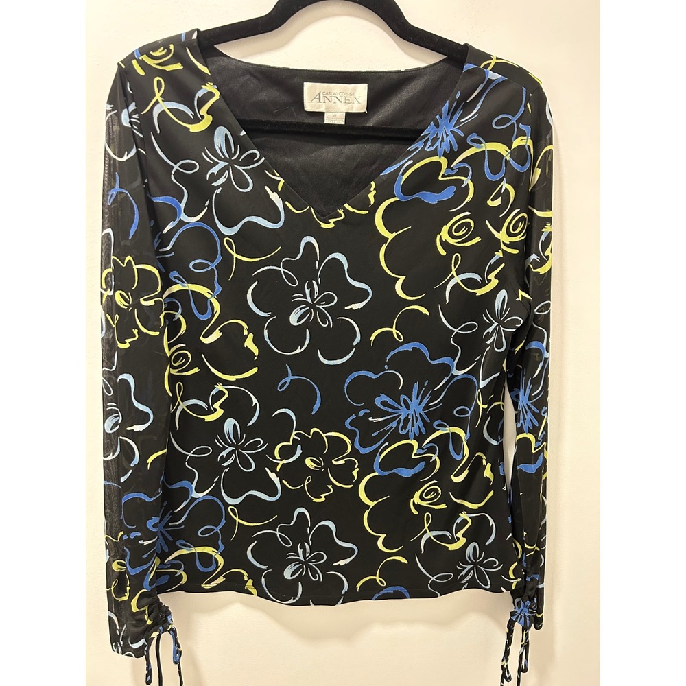 Casual Corner Annex Womens XL Black Floral V-Neck Sheer Mesh Sleeve Cinch Top